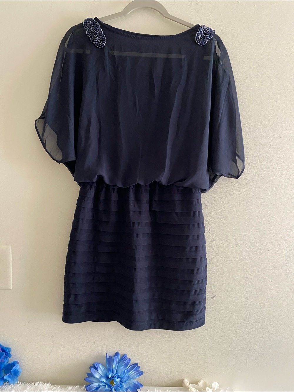 Karina Grimaldi Navy Sheer Blouson Mini Dress with Rosette Shoulders